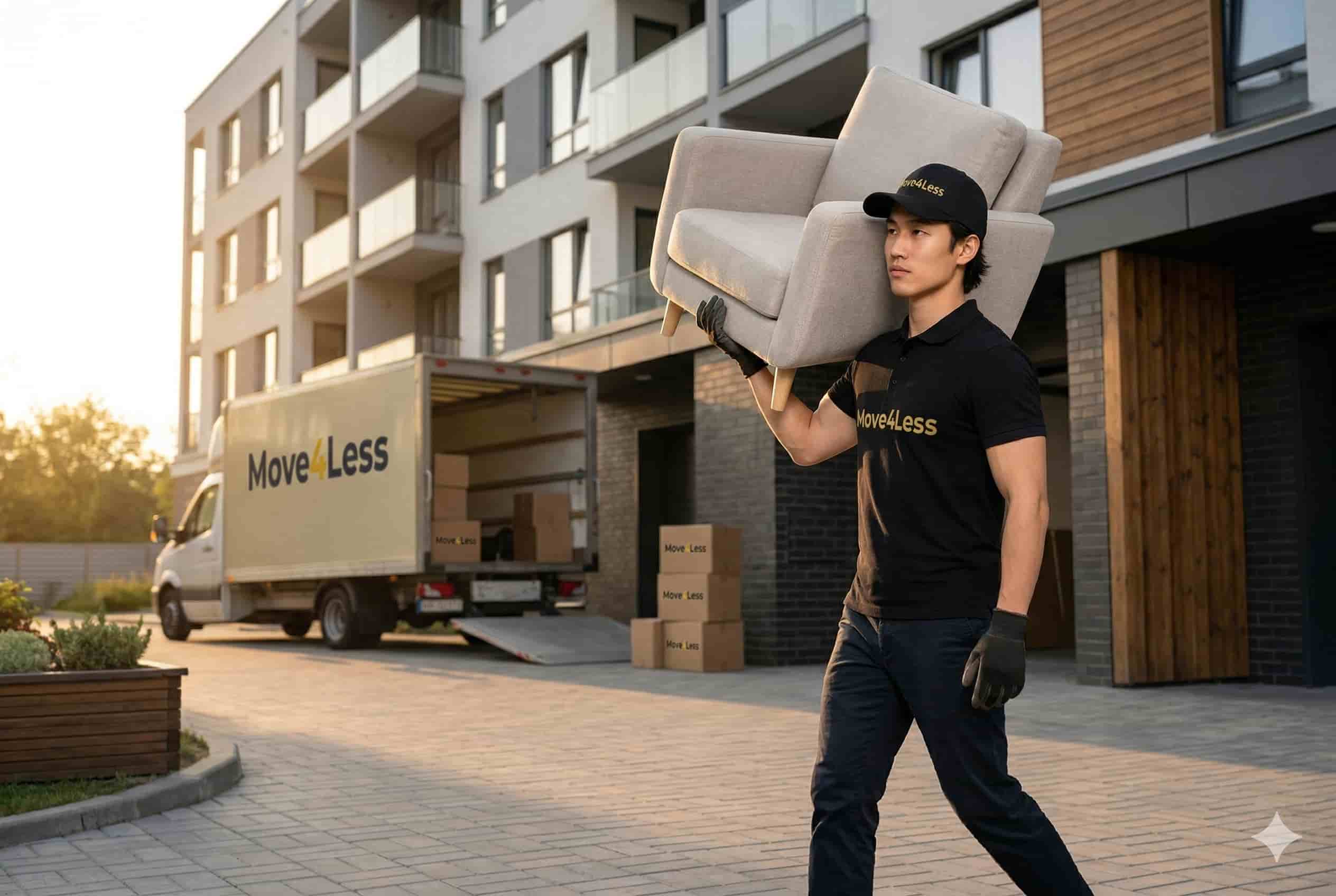 A mover carries an armchair towards a 'Move 4 Less' truck at a modern apartment