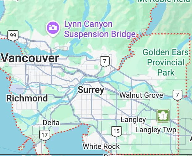 map of Greater Vancouver area showing Surrey, Vancouver, Burnaby, Richmond, and surrounding cities