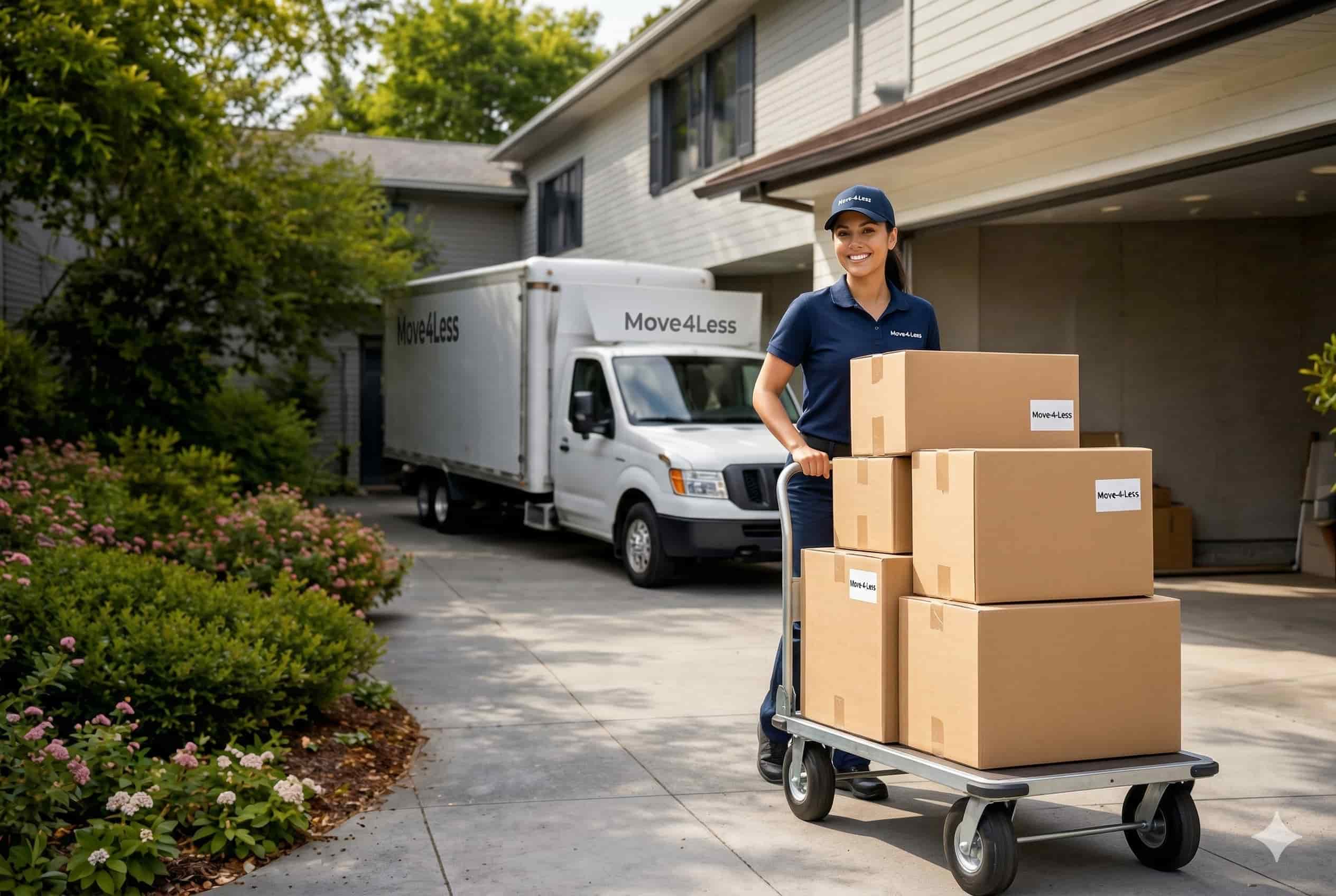 A smiling professional in-house mover pushes a dolly loaded with boxes in a residential driveway