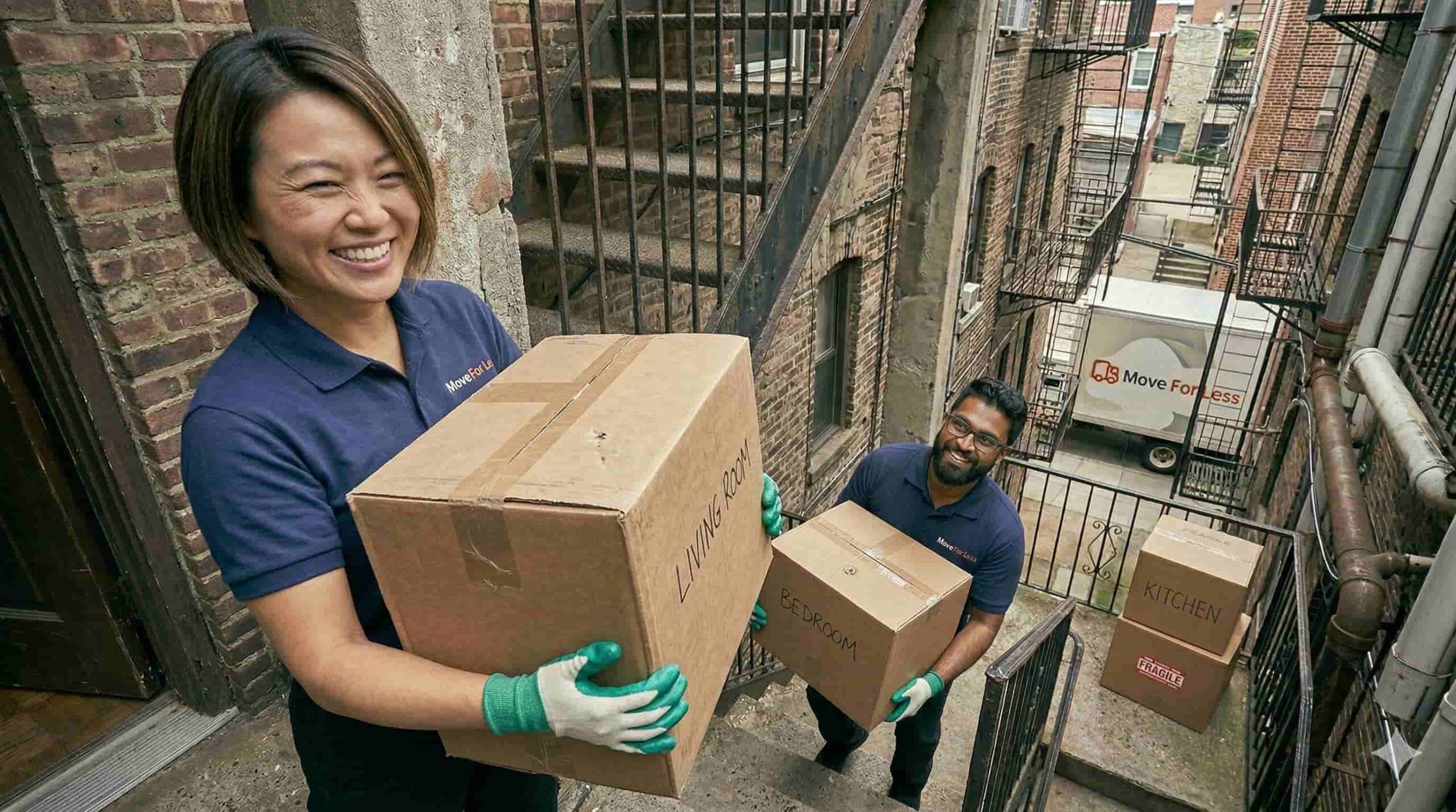 A smiling woman and man in branded polo shirts carry moving boxes down a narrow, urban fire escape staircas