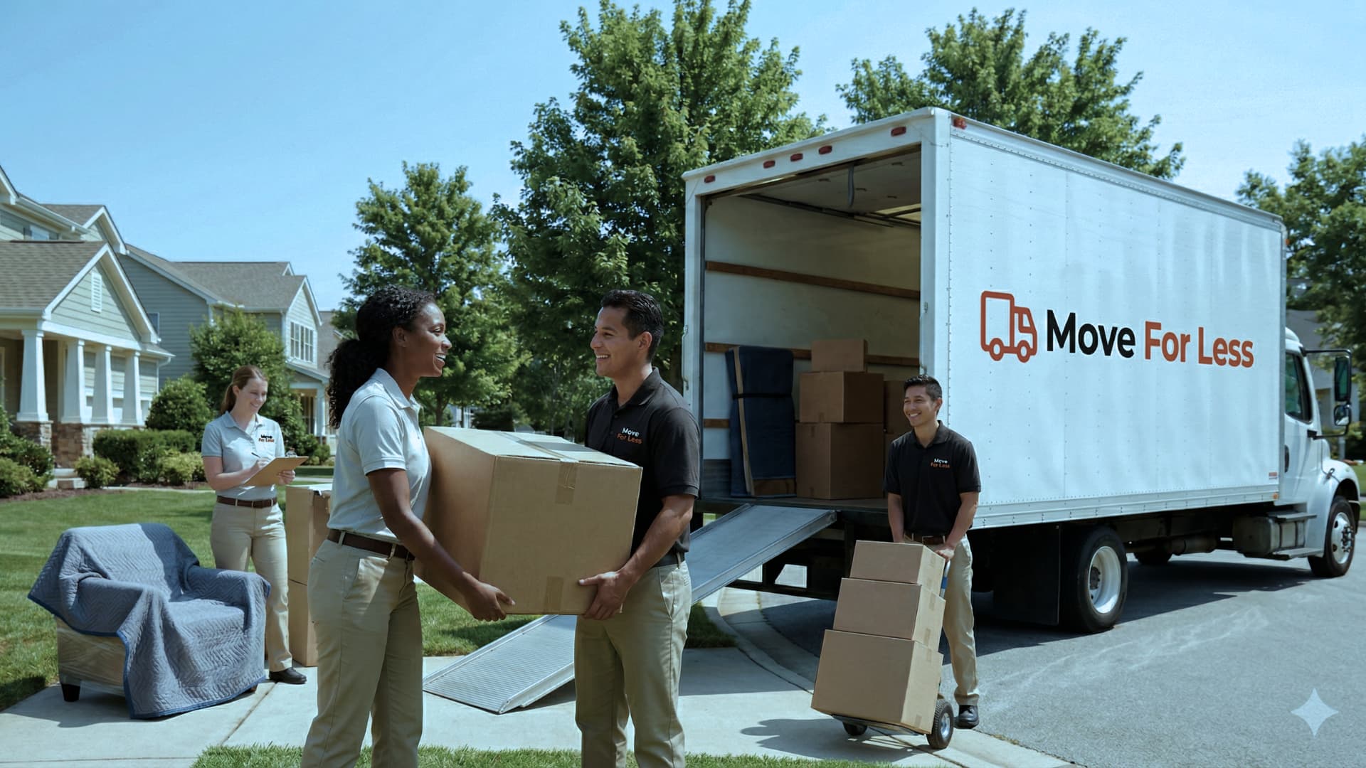 A Move For Less team happily carries a cardboard box to their truck for senior moving services