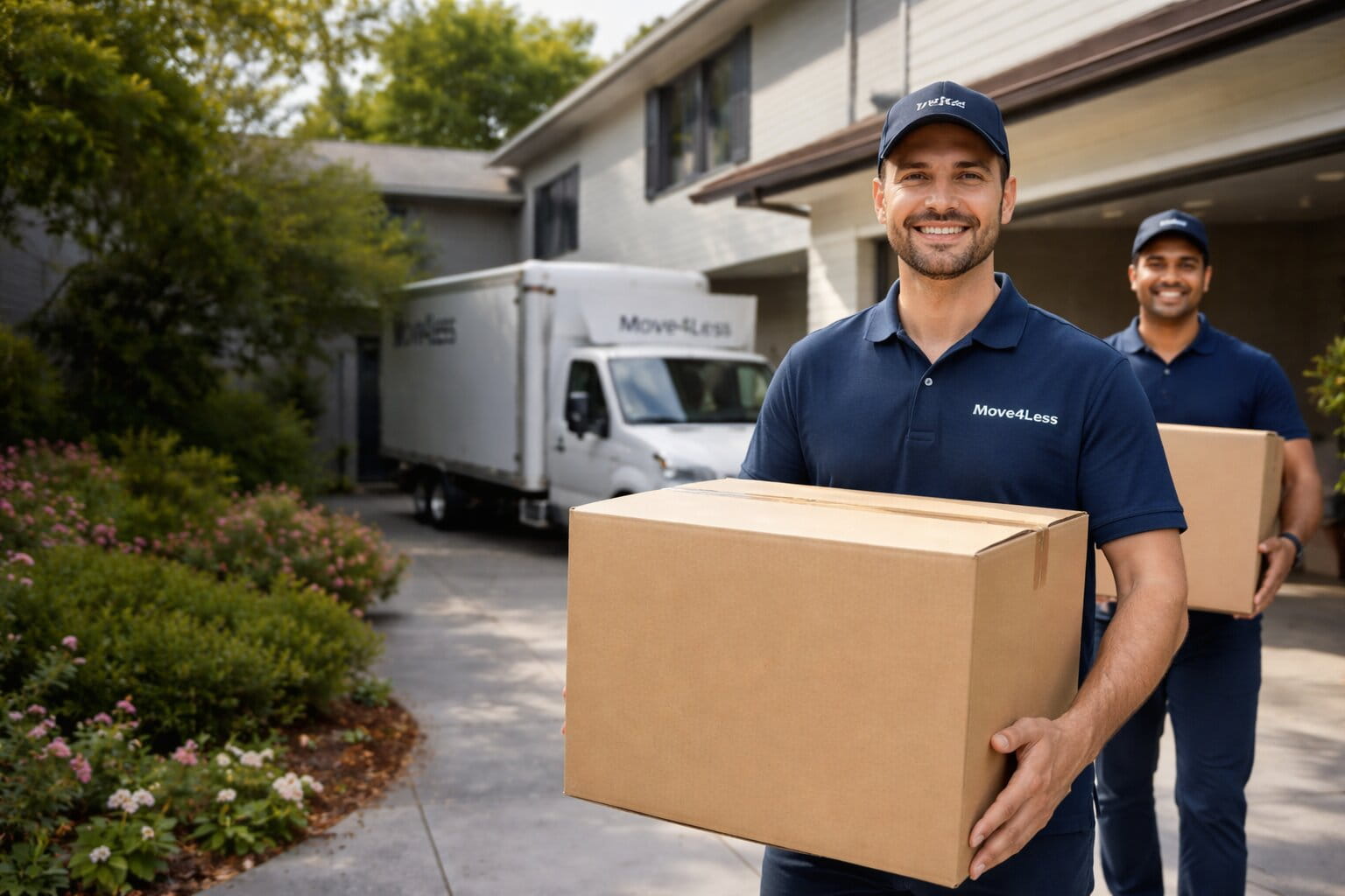 professional movers carrying boxes in front of a house in Greater Vancouver
