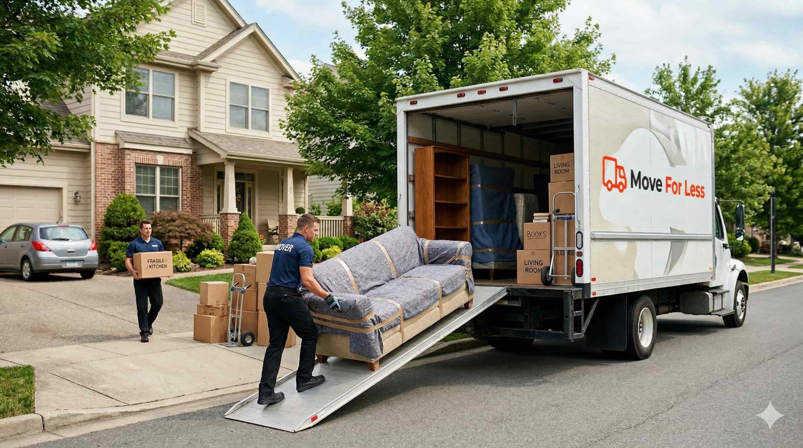 Two movers, one carrying a box and another guiding a wrapped sofa up a truck ramp, with a branded 'Move For Less' truck