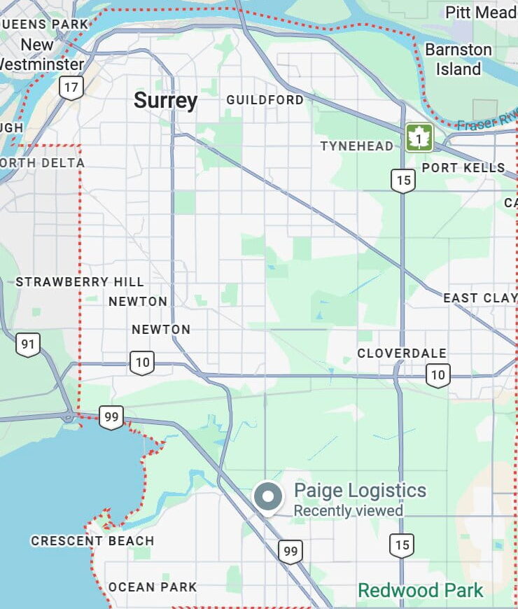 map of Surrey BC showing Guildford, Newton, Cloverdale, and surrounding areas