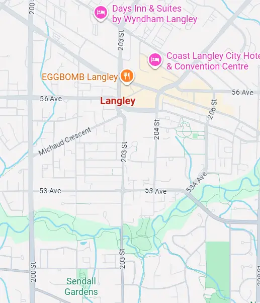 Map of Langley, BC highlighting the service area for Move For Less, including downtown Langley and Sendall Gardens.