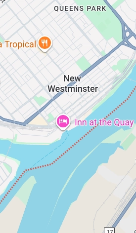 Map of New Westminster, BC service area for local movers, showing Queens Park and the Waterfront near Inn at the Quay.