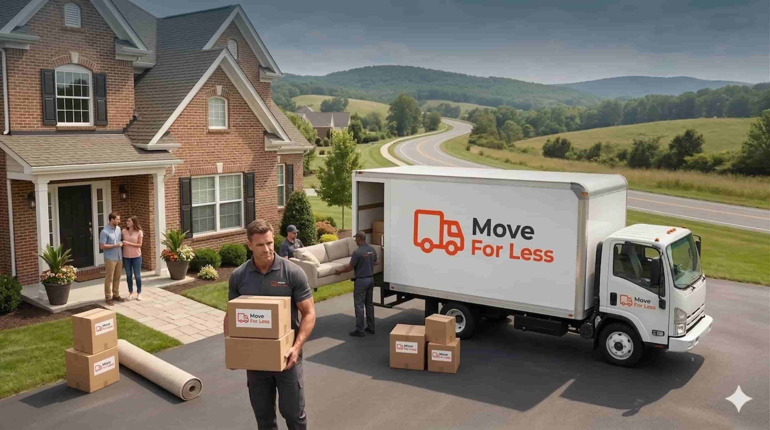 Professional movers unloading a truck at a brick house