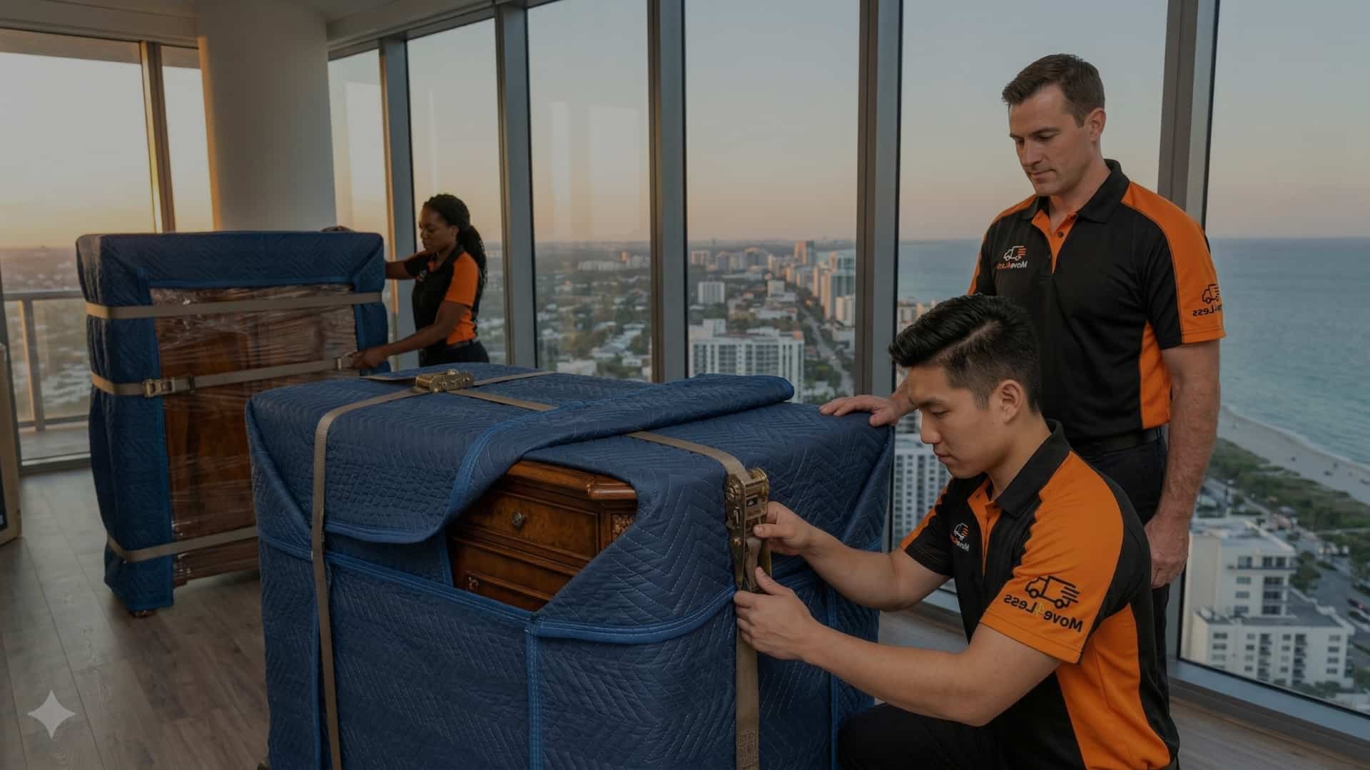 Three professional movers wearing branded orange and black shirts wrap and secure two pieces of high-end wooden furniture with padded moving blankets and straps in a penthouse apartment