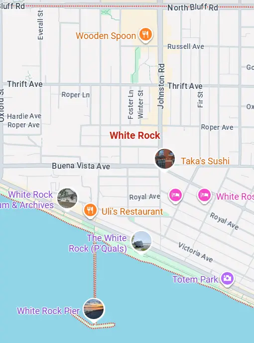 Map of White Rock BC highlighting local neighborhoods and coastal streets served by our expert White Rock movers.